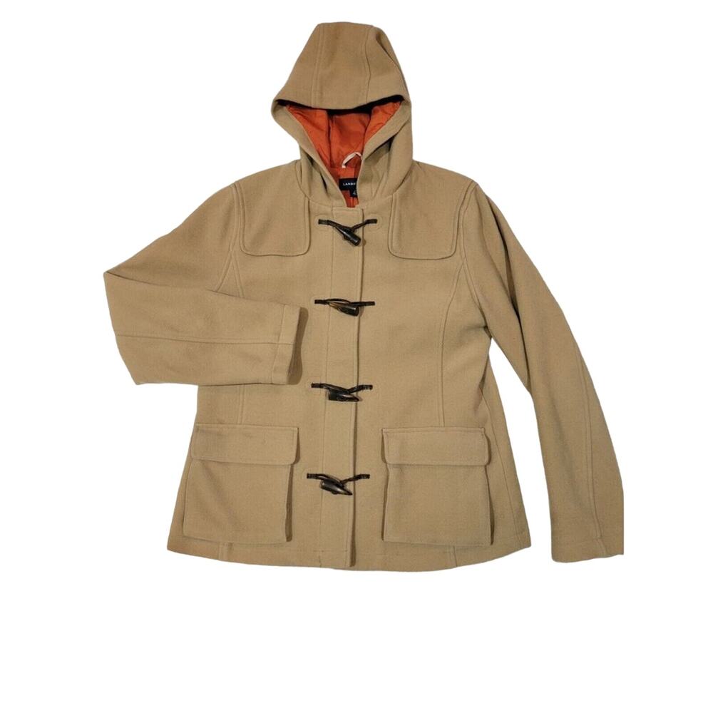 Vintage Lands‎ End 100% Wool Toggle Hooded Coat Medium Tan Nylon Lined Jacket